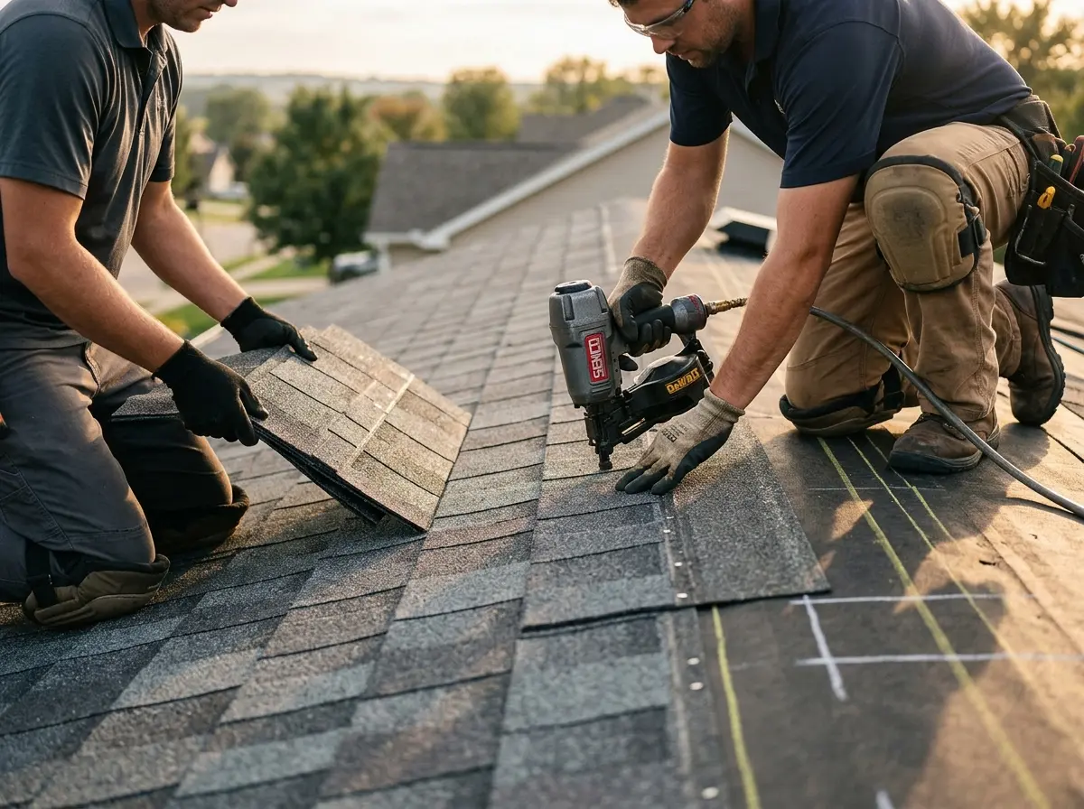 Professional roofer working on a residential roof in Cleveland